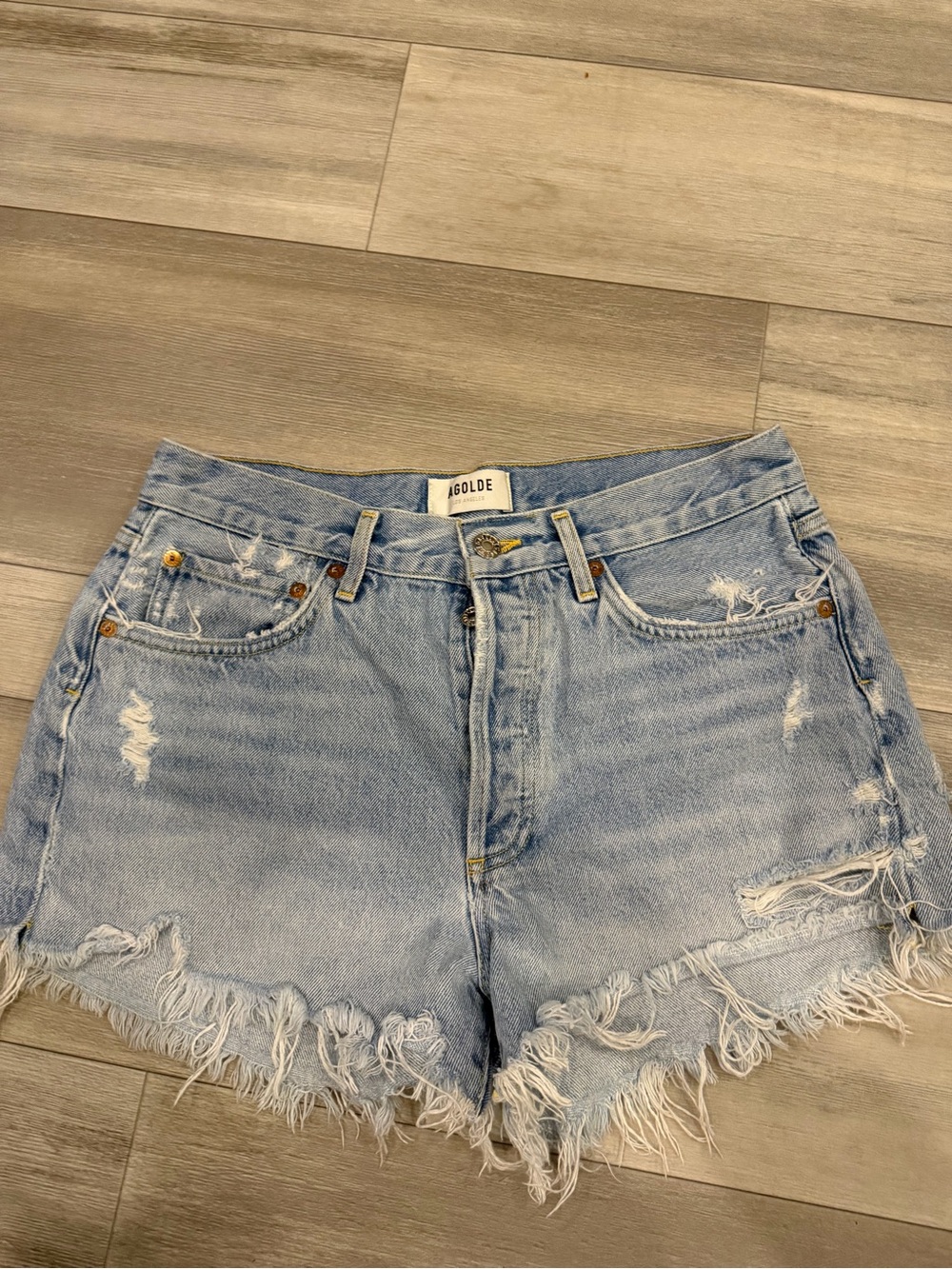 AGOLDE Light Blue Distressed Denim Shorts